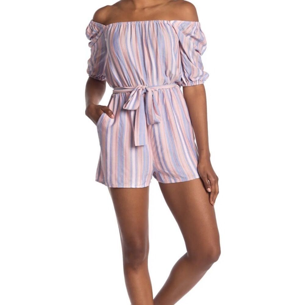 Paige Aubrie Off Shoulder Self Tie Romper Afterglow Multi Rainbow Stripe S
